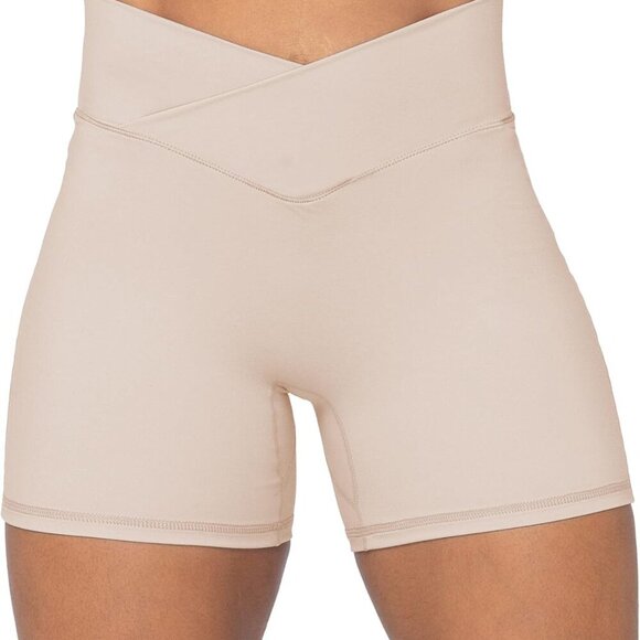 Beige crossover biker shorts for women, 4-inch inseam, high waist, tummy control - Picture 1 of 5